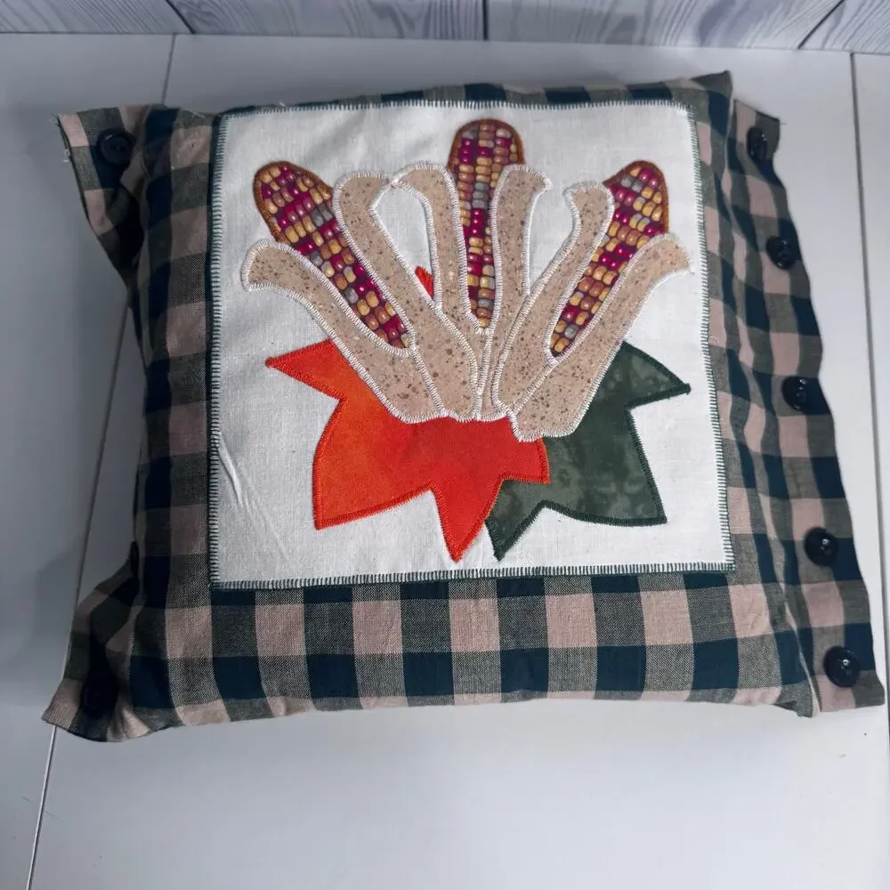 Vintage Autumn Pumpkin & Corn Country Pillow Applique  12X12 Lot of 2 Button